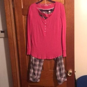 Pink Long Sleeve Top with Plaid Pajama Pants